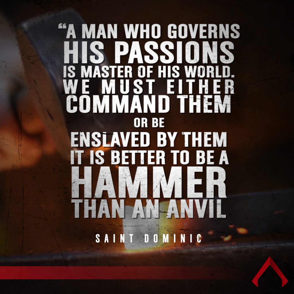 A quote from Saint Dominic: "A man who governs his passions is master of his world. We must either command them or be enslaved by them. It is better to be a hammer than an anvil." The purpose of this image is to compliment the blog with this quote by St. Dominic.